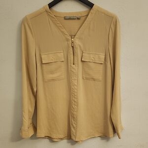 Valerie Stevens Tan Buttoned Mandarin Collar Blouse